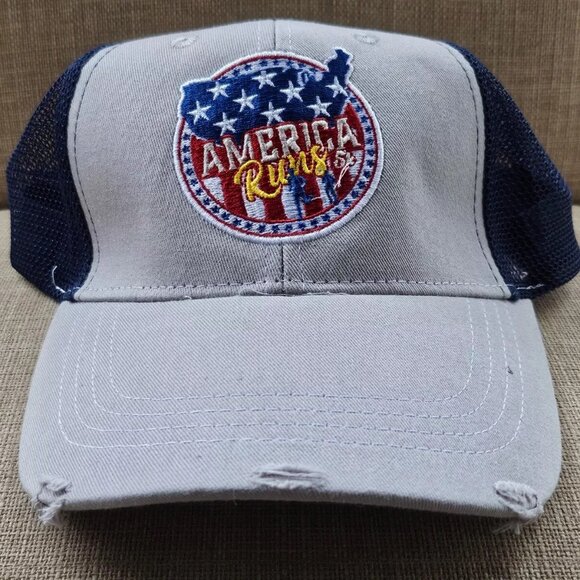 America Runs Men Hat Gray/Blue Trucker Hat Cap Size adjustable - Picture 1 of 9